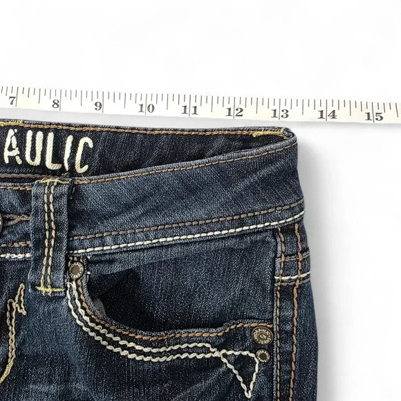 Hydraulic Low Rise Straight Leg Jeans Dark Wash Embroidered Pockets - Picture 9 of 11